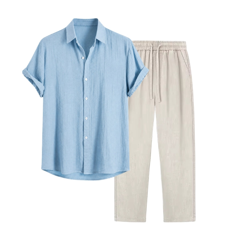 Light blue button-up shirt and beige pants on a white background