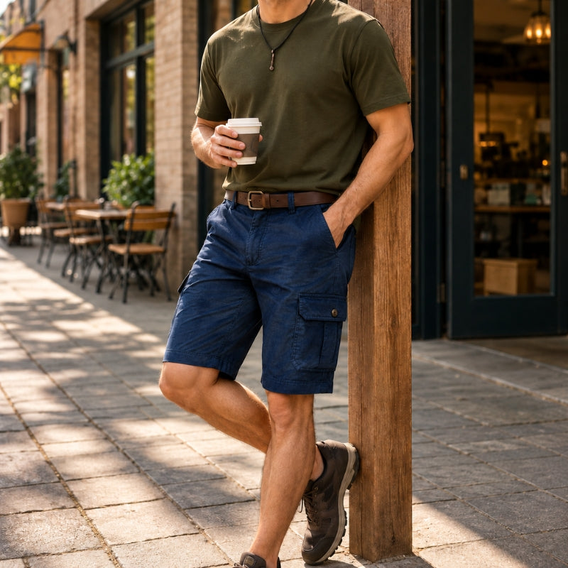 A man wearing an olive green t-shirt and navy blue cargo shorts leans against a wooden post on a cobblestone street outside a cafe, holding a white coffee cup.