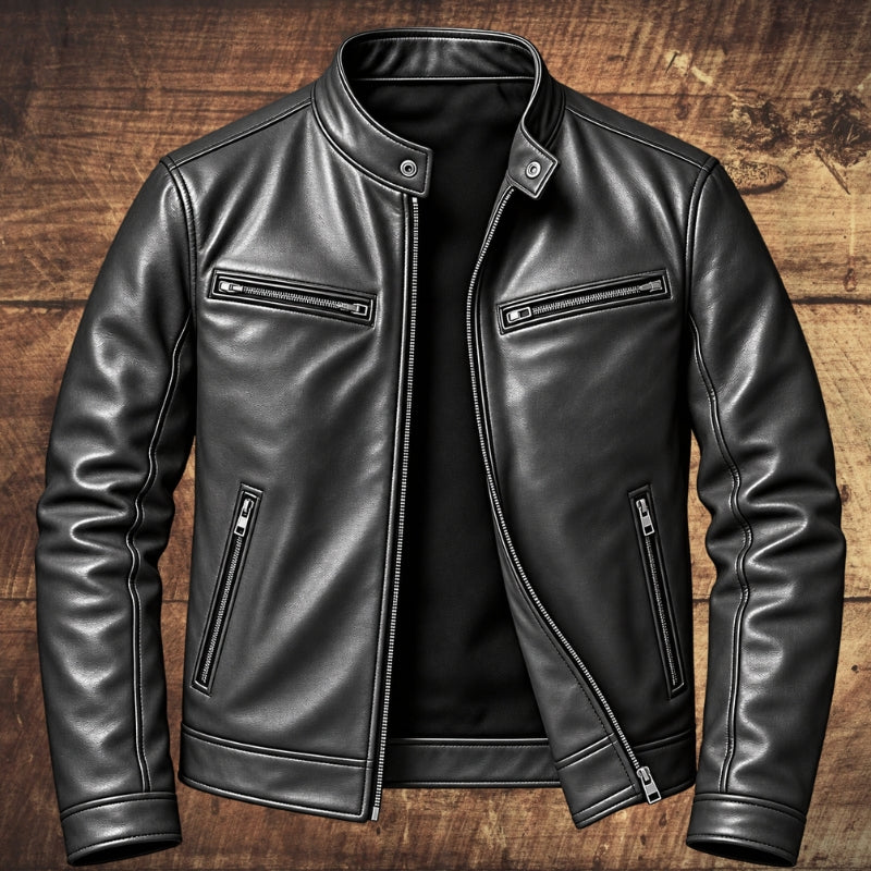 A black leather motorcycle jacket with a stand collar, front zipper, and zippered chest pockets, displayed on a rustic wooden plank background.