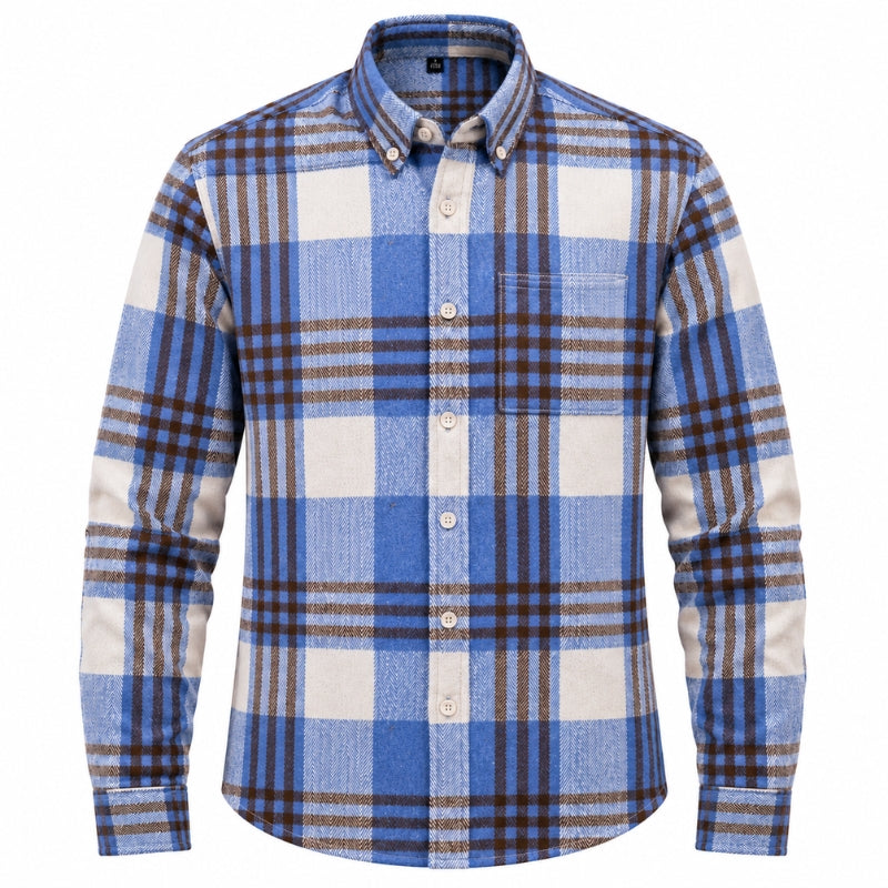 A men's long-sleeve button-down plaid flannel shirt in blue, cream, and brown, shown against a plain white background.