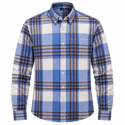 A men's long-sleeve button-down plaid flannel shirt in blue, cream, and brown, shown against a plain white background.