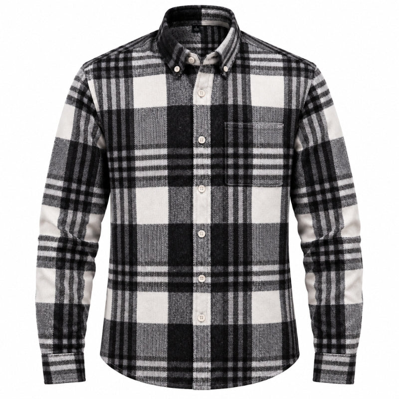 A men's long-sleeve button-down flannel shirt with a black, white, and gray plaid pattern, featuring a classic collar and a chest pocket.