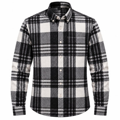 A men's long-sleeve button-down flannel shirt with a black, white, and gray plaid pattern, featuring a classic collar and a chest pocket.