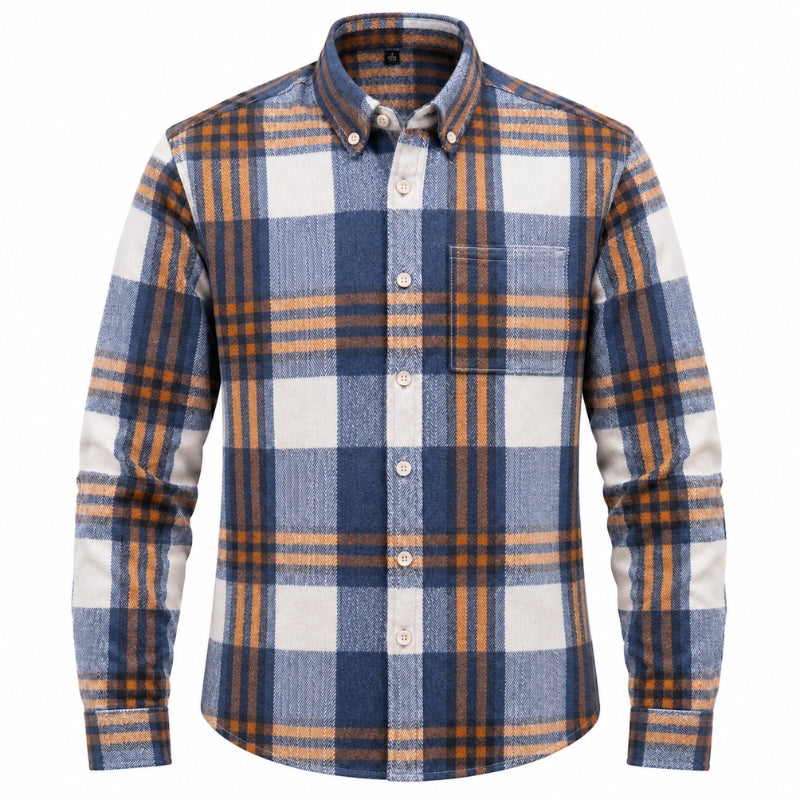A men's long-sleeve button-down plaid shirt with a blue, orange, and off-white pattern, featuring a chest pocket and button-down collar.