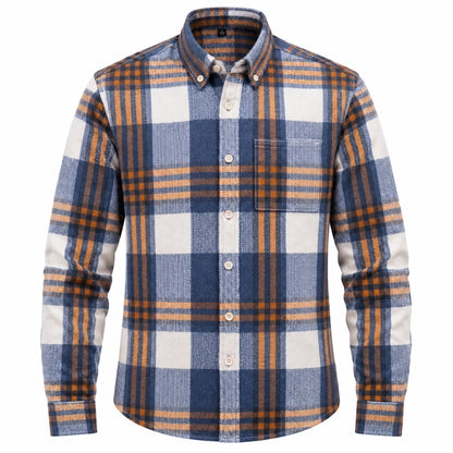 A men's long-sleeve button-down plaid shirt with a blue, orange, and off-white pattern, featuring a chest pocket and button-down collar.