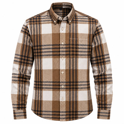 A men's long-sleeve button-down flannel shirt with a brown, beige, and white plaid pattern, featuring a chest pocket and button-down collar.