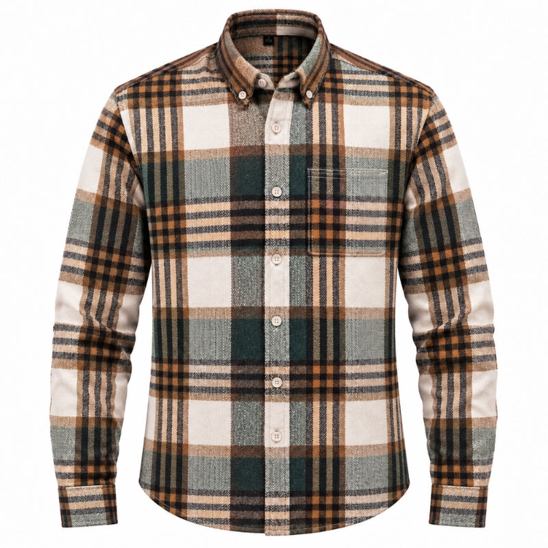 A men's long-sleeve button-down flannel shirt with a classic plaid pattern in beige, brown, dark green, and gray, shown on a clean white background.