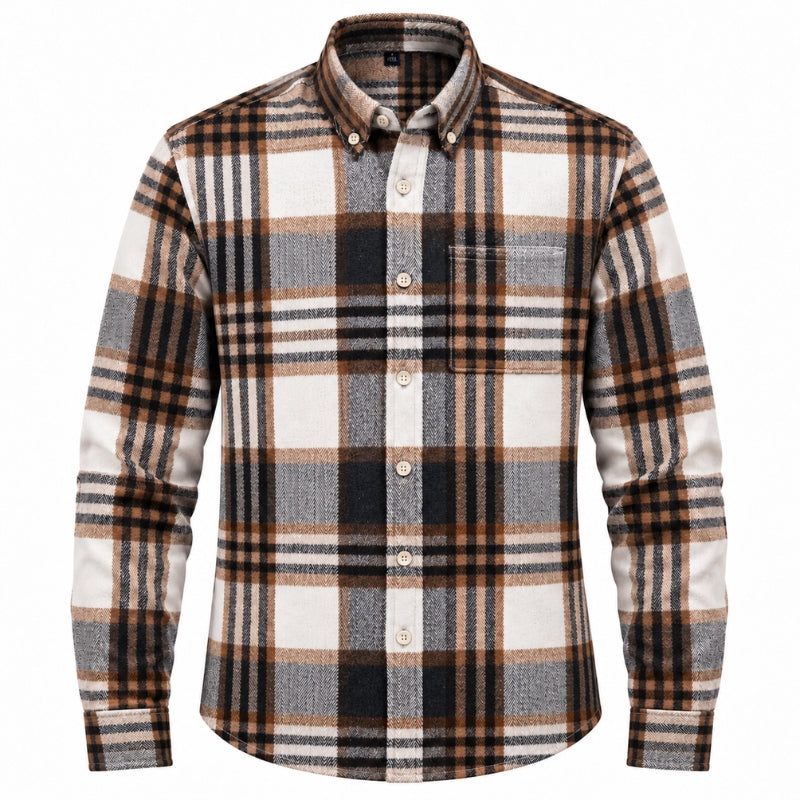 A men's long-sleeve button-down flannel shirt with a brown, black, and off-white plaid pattern, shown on a clean white background.