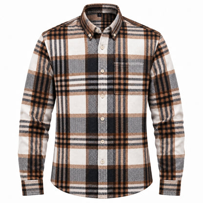A men's long-sleeve button-down flannel shirt with a brown, black, and off-white plaid pattern, shown on a clean white background.