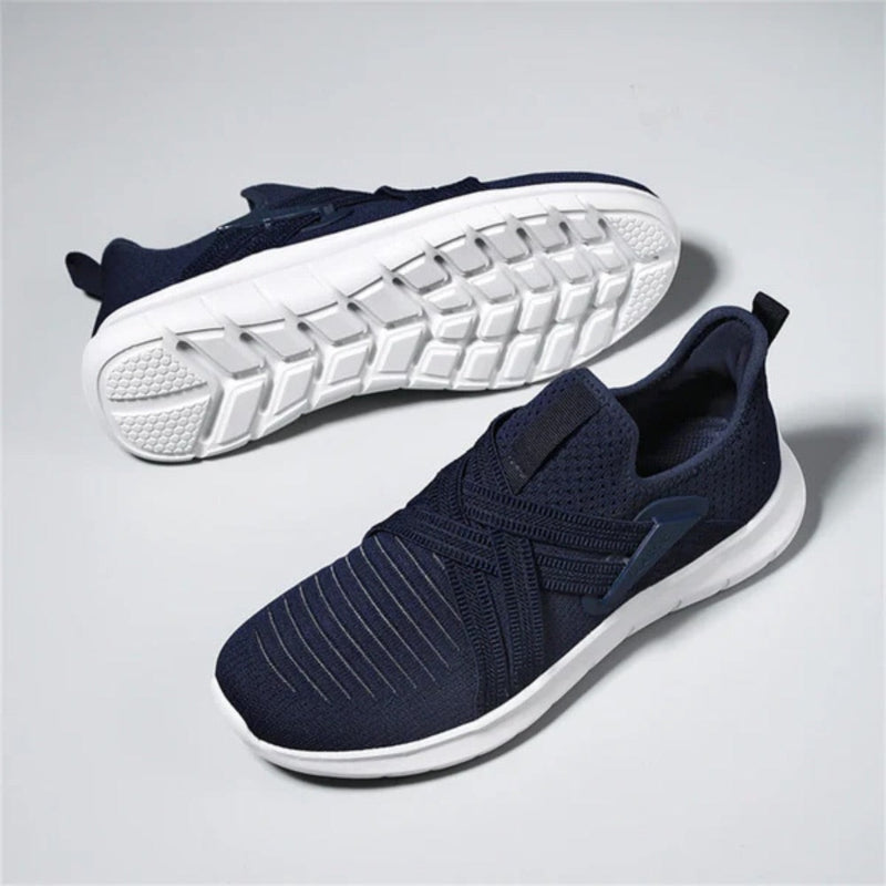 Top view of navy Francesco Premium X Sneakers, breathable design with white outsole and cross strap details

