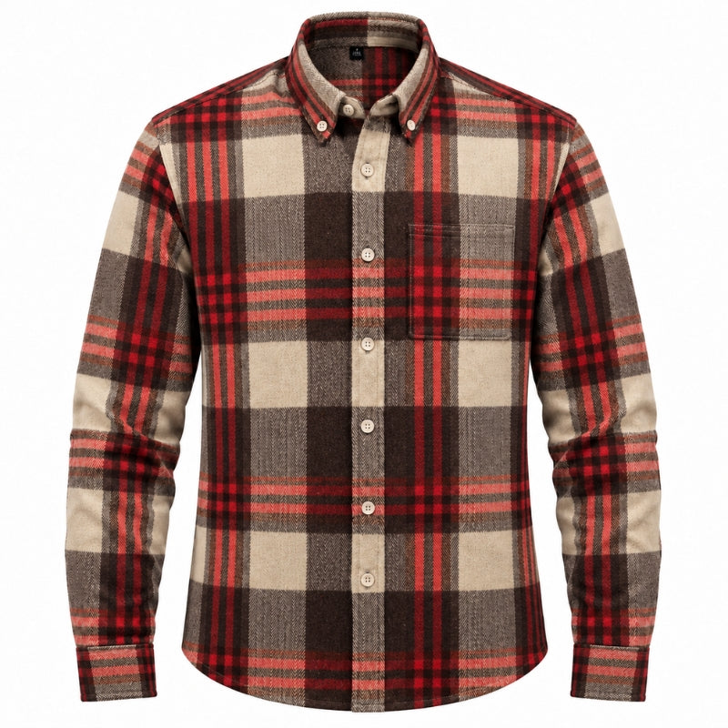 A men's long-sleeve plaid button-down shirt in a red, brown, and beige tartan pattern, shown on a clean white background.