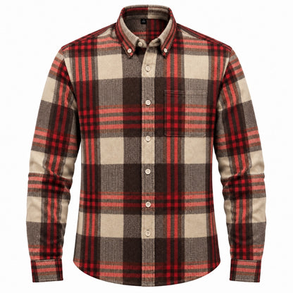 A men's long-sleeve plaid button-down shirt in a red, brown, and beige tartan pattern, shown on a clean white background.