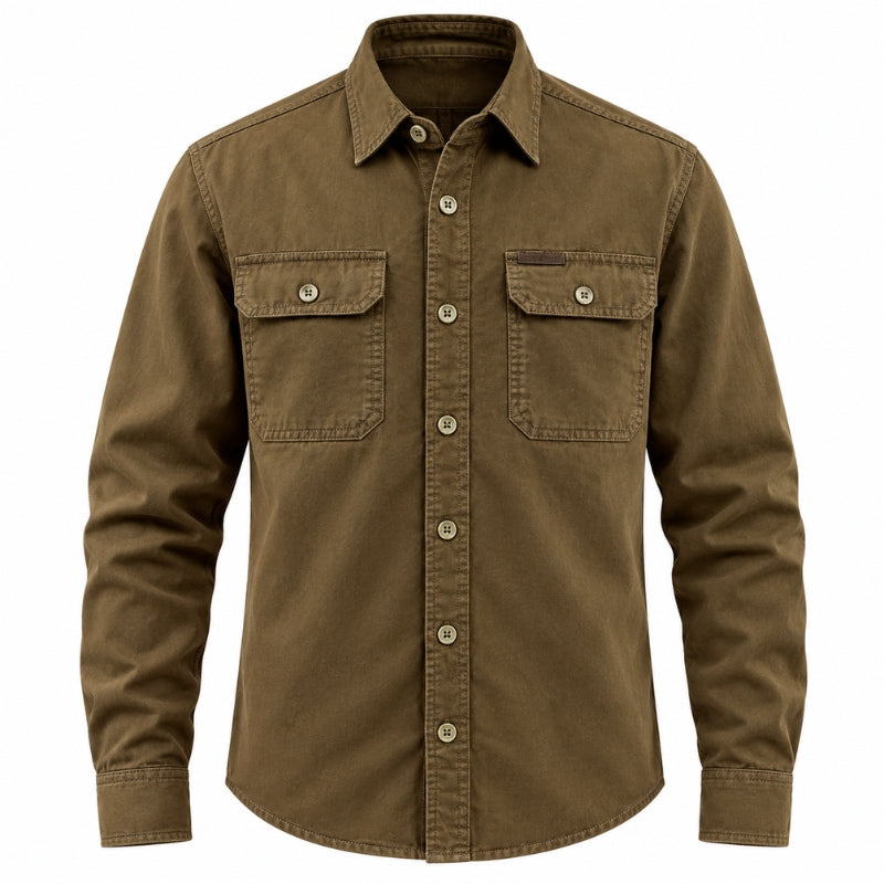 A brown long-sleeve button-up shirt with two chest pockets, shown on a plain white background.