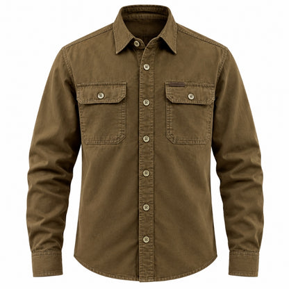 A brown long-sleeve button-up shirt with two chest pockets, shown on a plain white background.