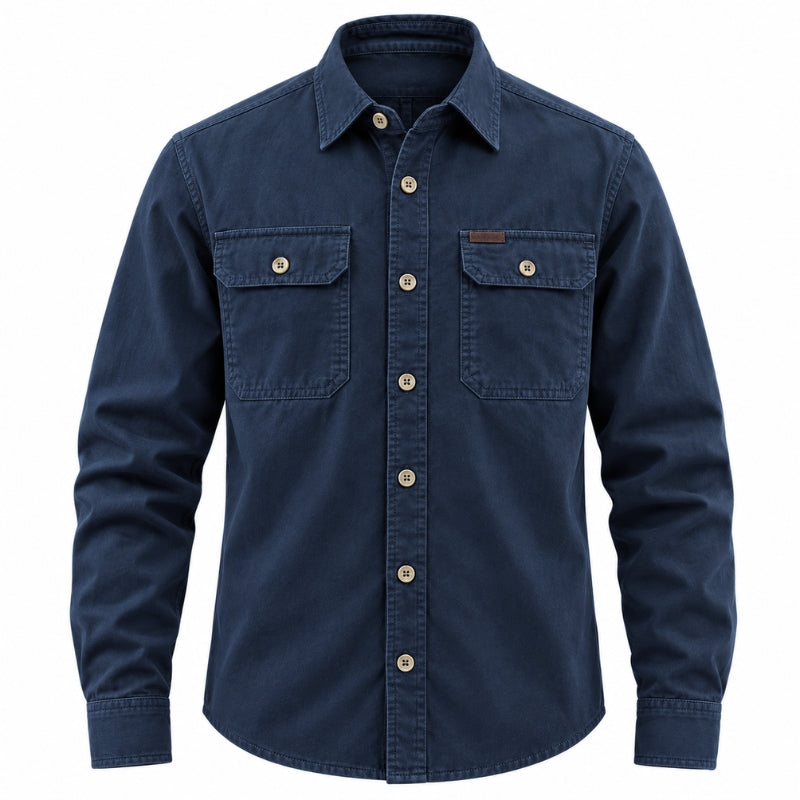 A dark navy blue long-sleeve button-up shirt with two buttoned chest pockets, shown on a plain white background.