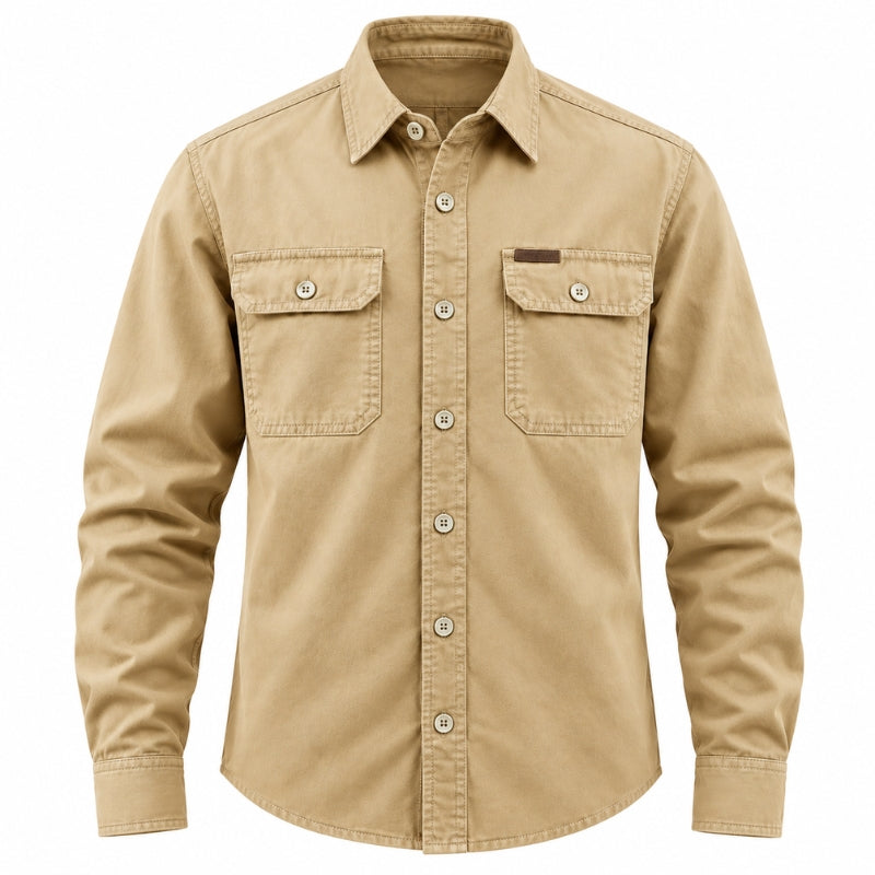 A tan long-sleeve button-up shirt with two buttoned chest pockets, shown on a plain white background.
