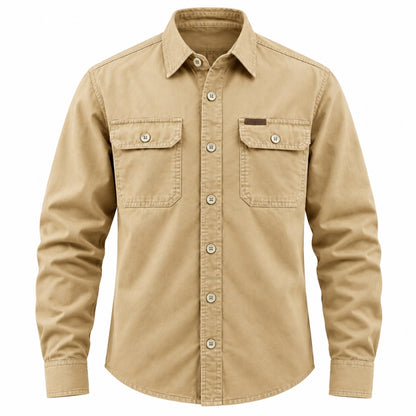 A tan long-sleeve button-up shirt with two buttoned chest pockets, shown on a plain white background.