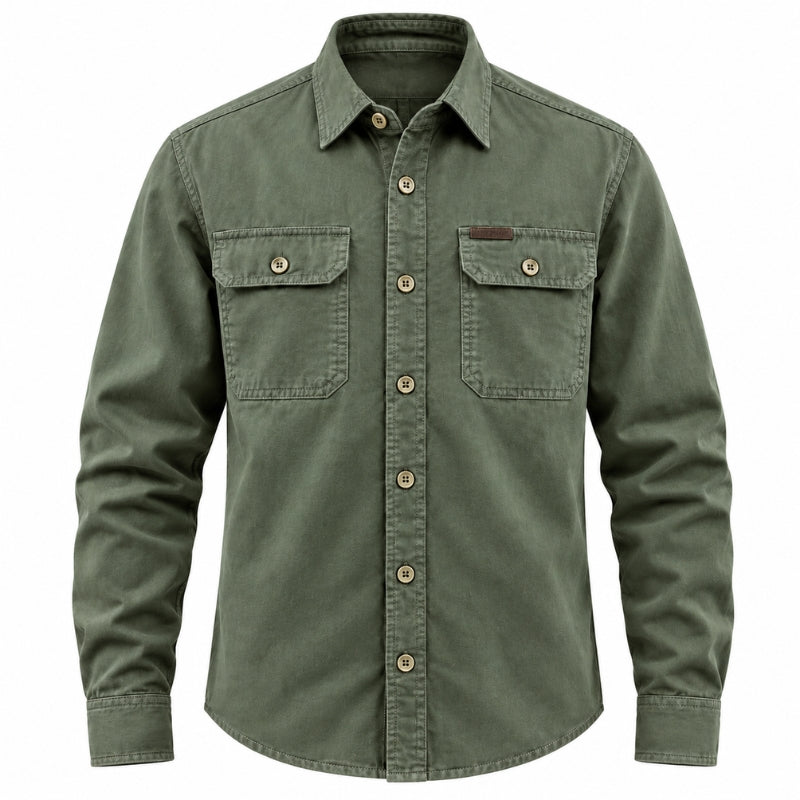 An olive green long-sleeve button-up shirt with two chest pockets and brass-colored buttons, shown on a plain white background.
