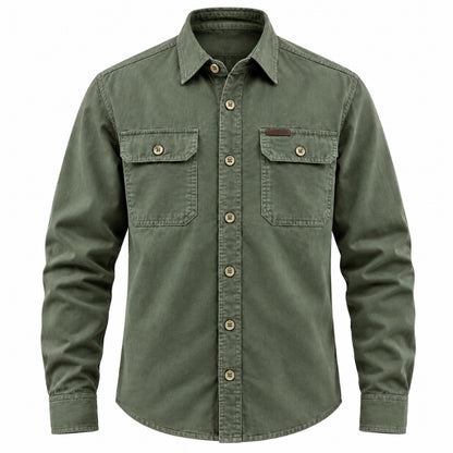 An olive green long-sleeve button-up shirt with two chest pockets and brass-colored buttons, shown on a plain white background.