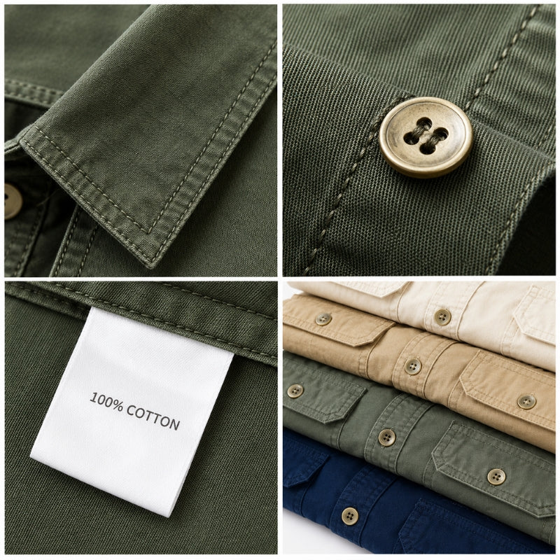 Four-panel close-up collage of a cotton button-up shirt. The top-left panel shows the collar and stitching; the top-right shows a brass-toned button; the bottom-left shows a white 100% cotton label; the bottom-right shows folded views of the shirt in cream, tan, olive green, and navy.