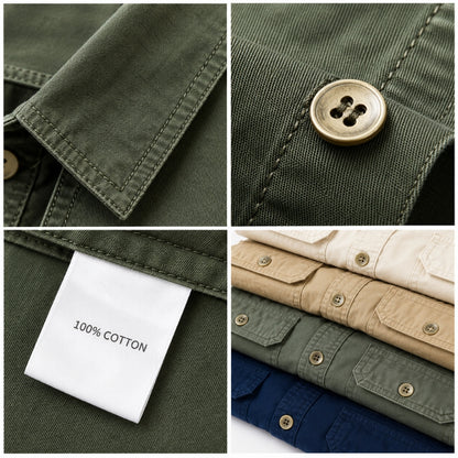 Four-panel close-up collage of a cotton button-up shirt. The top-left panel shows the collar and stitching; the top-right shows a brass-toned button; the bottom-left shows a white 100% cotton label; the bottom-right shows folded views of the shirt in cream, tan, olive green, and navy.