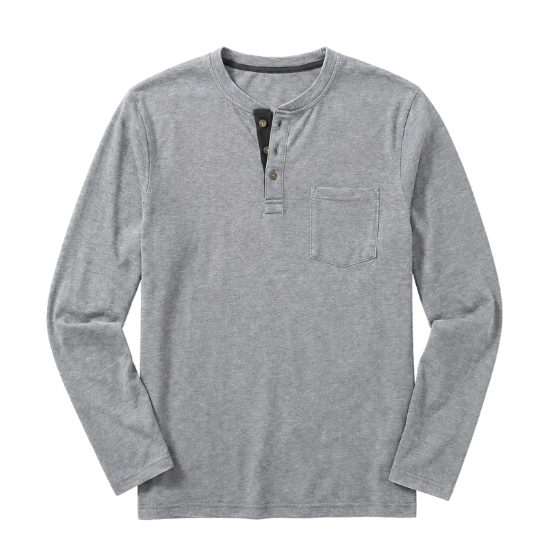 Gray long-sleeve henley shirt on a white background