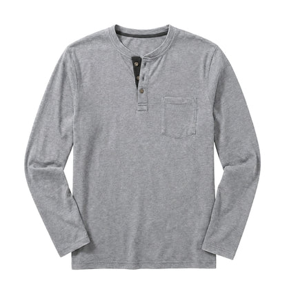 Gray long-sleeve henley shirt on a white background
