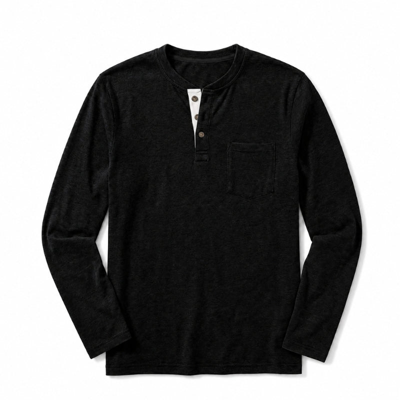 Black long-sleeve henley shirt on a white background