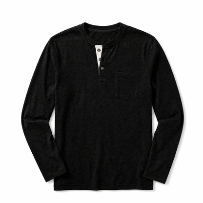 Black long-sleeve henley shirt on a white background