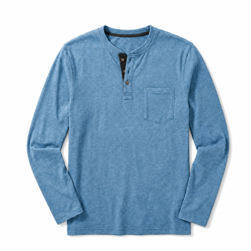 Blue long-sleeve henley shirt on a white background