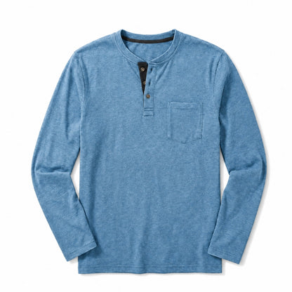 Blue long-sleeve henley shirt on a white background