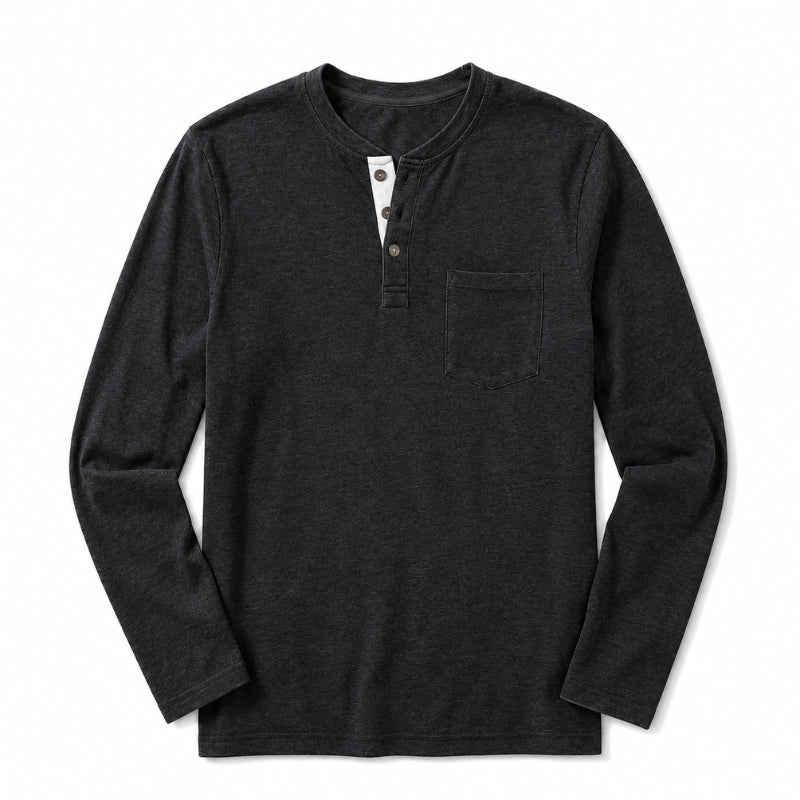 Dark gray long-sleeve henley shirt on a white background