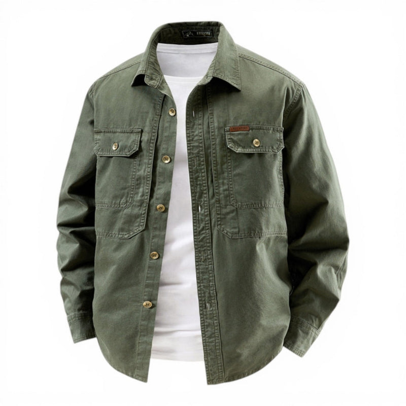 Green jacket over a white shirt on a white background
