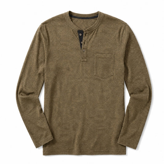 Brown long-sleeve henley shirt on a white background