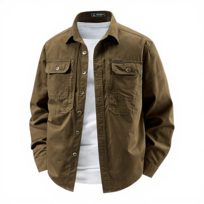 Brown jacket over a white shirt on a white background