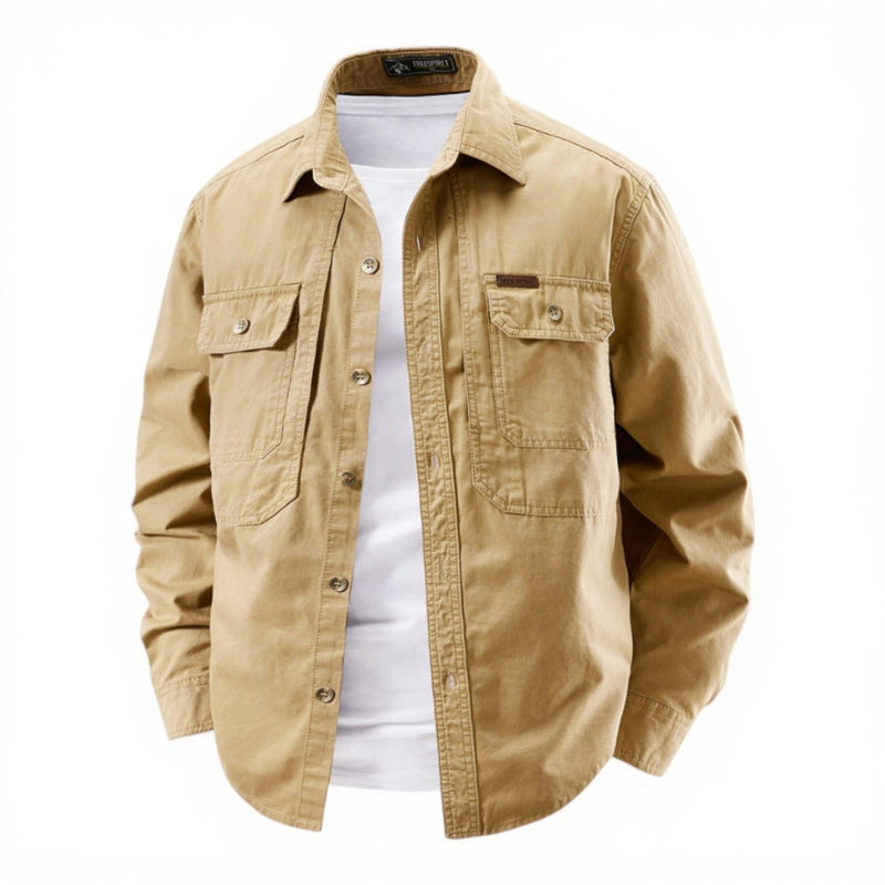 Beige jacket over a white shirt on a white background