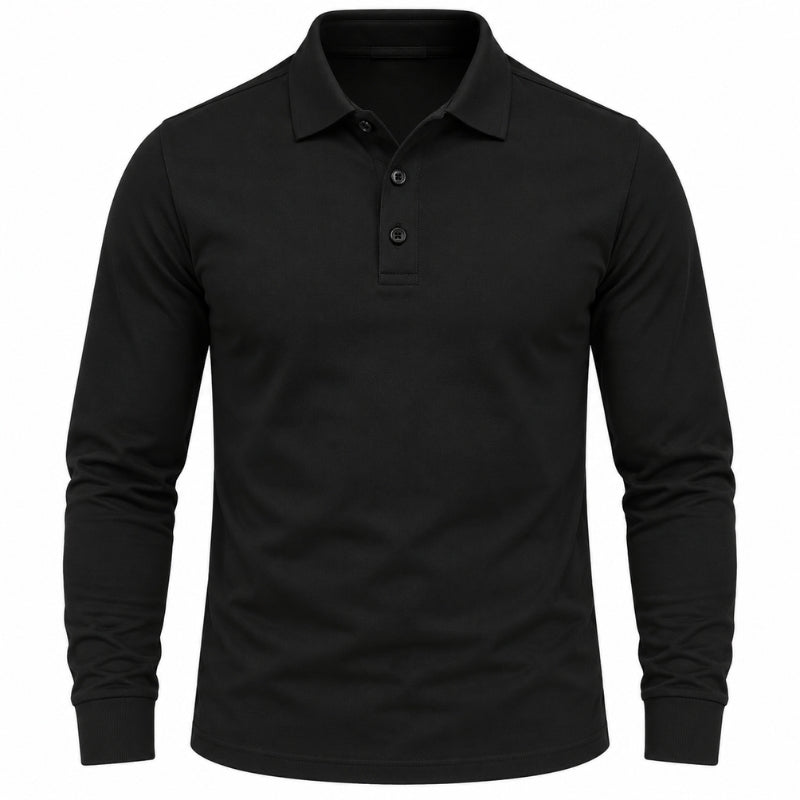 A black long-sleeve polo shirt with a two-button placket, displayed on a clean white background.