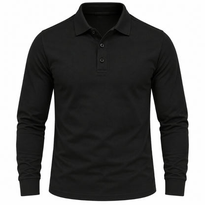 A black long-sleeve polo shirt with a two-button placket, displayed on a clean white background.