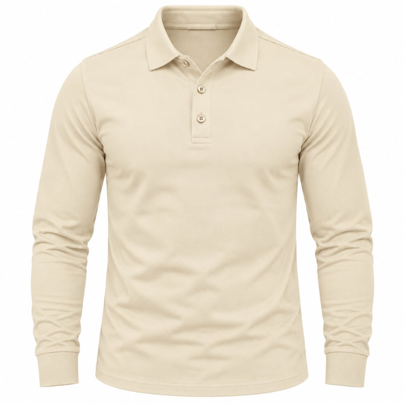 A long-sleeve polo shirt in a light beige or cream color, shown on a clean white background.