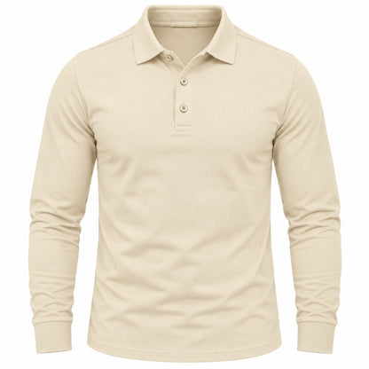 A long-sleeve polo shirt in a light beige or cream color, shown on a clean white background.