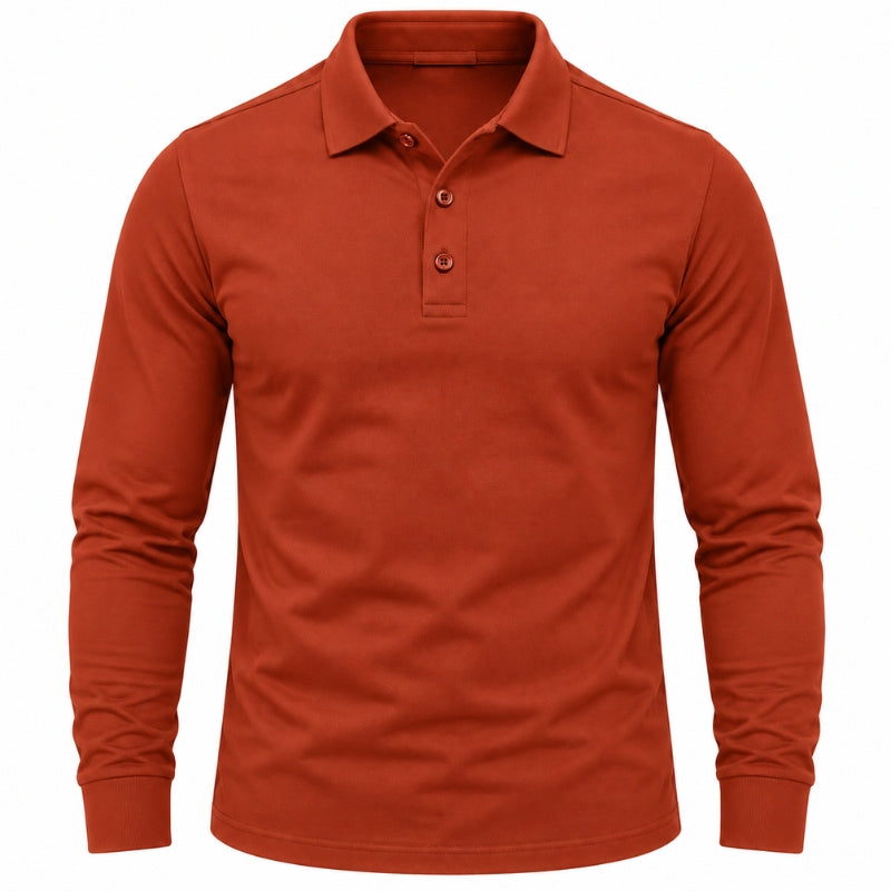 A long-sleeve polo shirt in a solid rust-orange color, displayed on a clean white background.