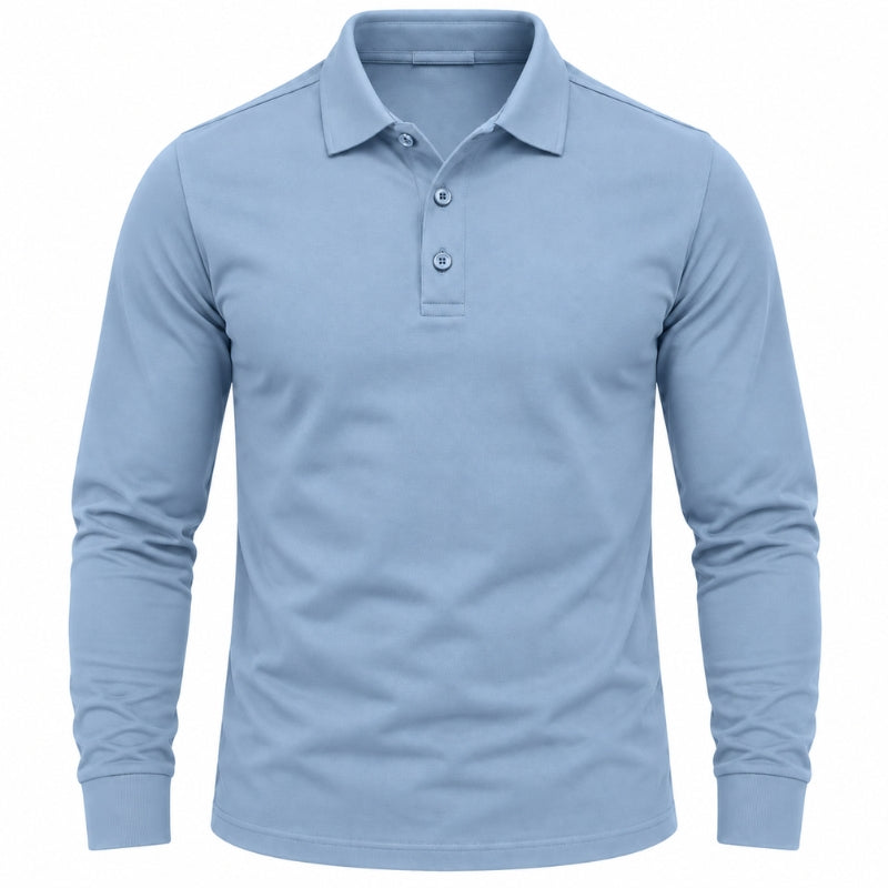 A light blue long-sleeve polo shirt shown on a headless mannequin torso against a plain white background.