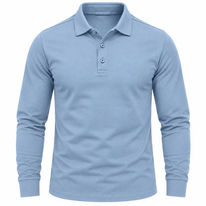 A light blue long-sleeve polo shirt shown on a headless mannequin torso against a plain white background.