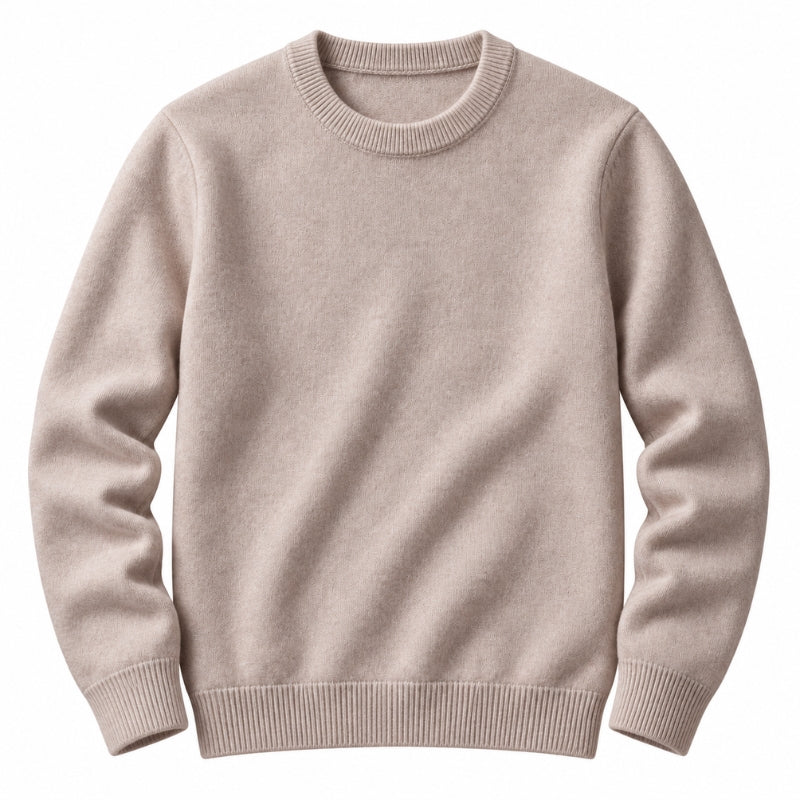 A light beige crewneck sweater with ribbed collar, cuffs, and hem, displayed on a clean white background.