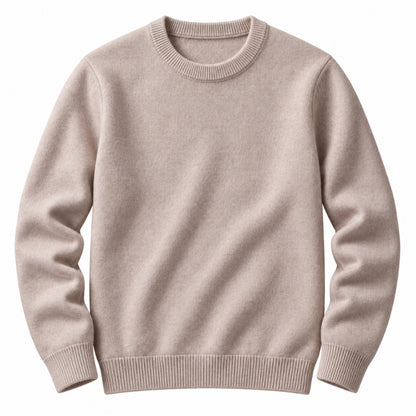 A light beige crewneck sweater with ribbed collar, cuffs, and hem, displayed on a clean white background.