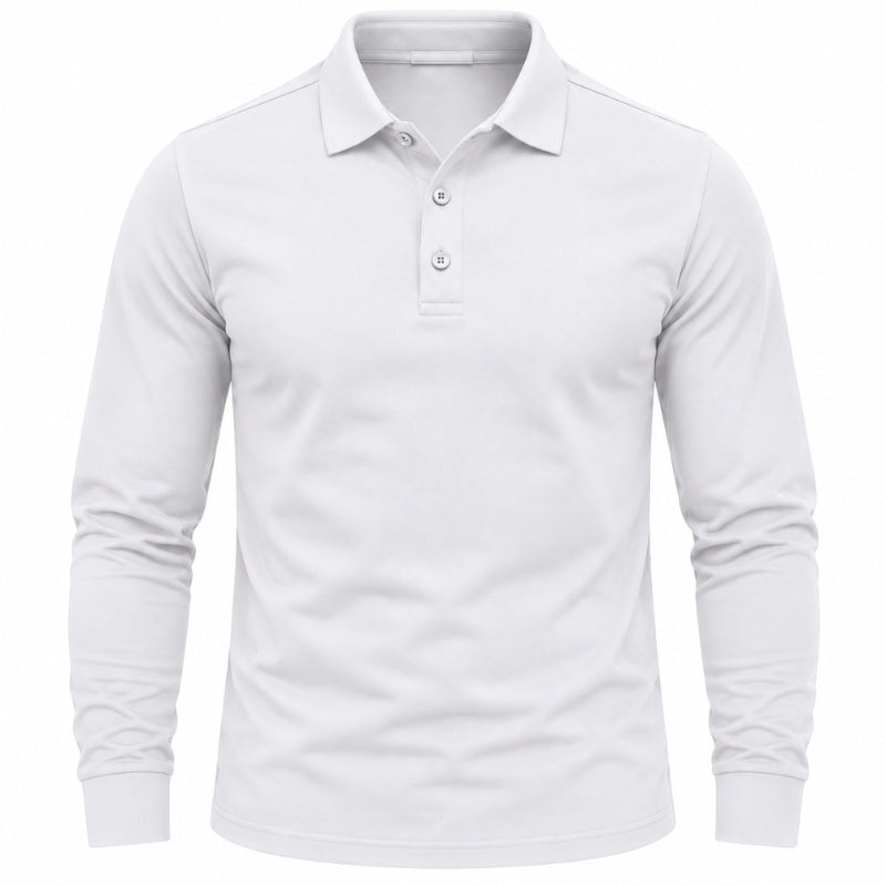 A white long-sleeve polo shirt with a three-button placket, shown on a clean white background.