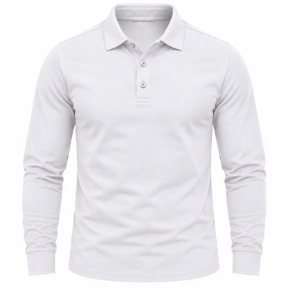 A white long-sleeve polo shirt with a three-button placket, shown on a clean white background.