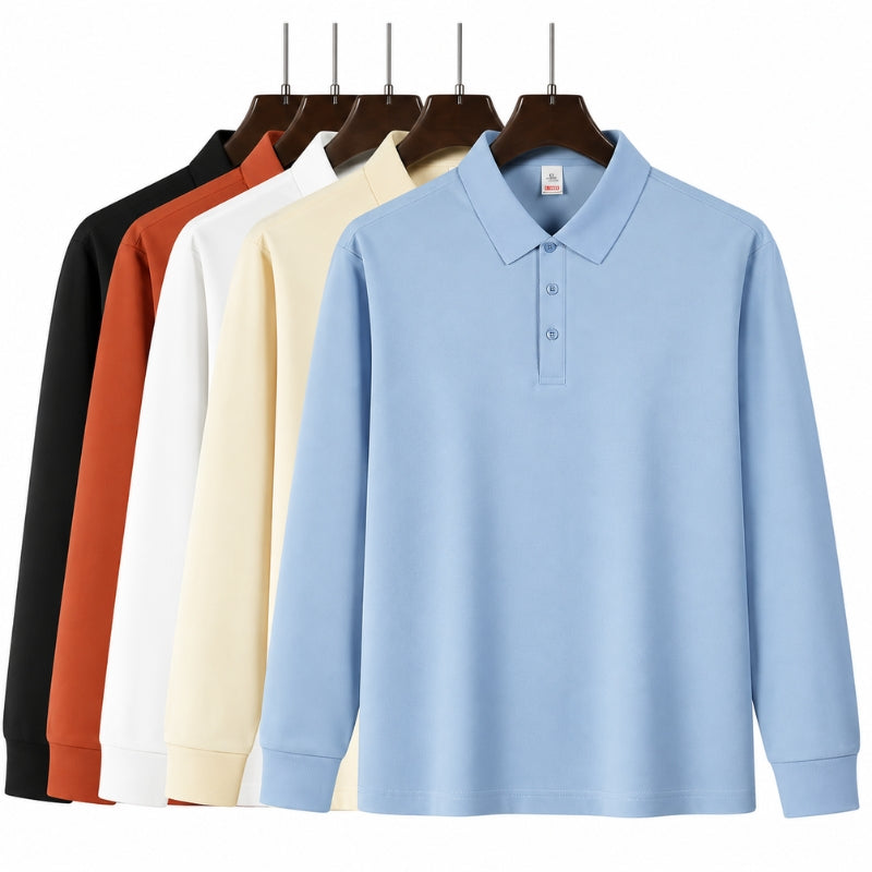 A light blue long-sleeve polo shirt displayed on a hanger in front of a row of the same shirt shown in other colors including black, white, rust orange, and cream, against a plain white background.