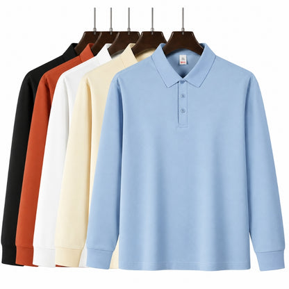 A light blue long-sleeve polo shirt displayed on a hanger in front of a row of the same shirt shown in other colors including black, white, rust orange, and cream, against a plain white background.