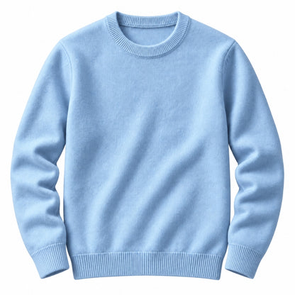 A light blue crewneck sweater with ribbed collar, cuffs, and hem, displayed on a clean white background.